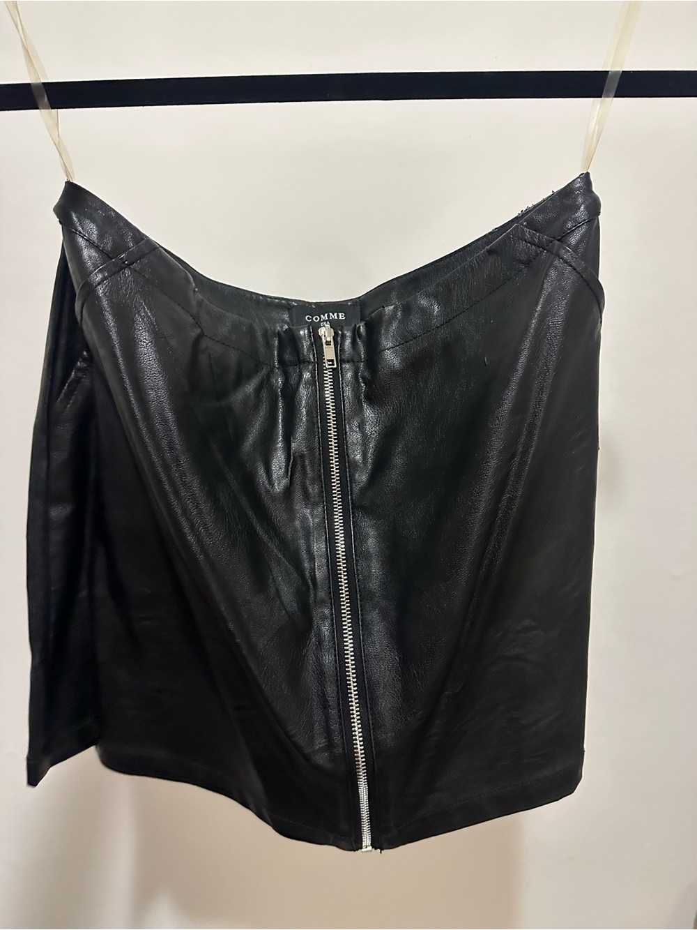 Comme Black Front Zipper Faux Leather Skirt